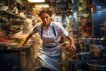 A female chef in a bustling kitchen.
