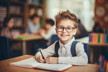 Happy little boy learning and working at his desk in class with behind school classmates and elementary school