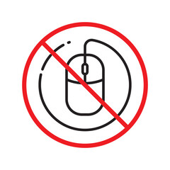 Forbidden computer mouse icon. No mouse device vector icon. No computer cursor pictogram. Prohibited computer mouse vector icon. Warning, danger, caution, attention, restriction. UX UI