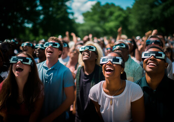 group of people in the park watching solar eclipse through safe solar viewing glasses - obrazy, fototapety, plakaty