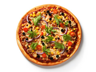 Top view of a vegetarian pizza with vegetables isolated on white background 