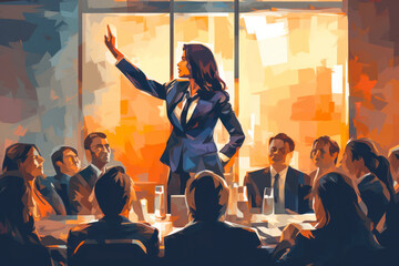 An image of a woman CEO leading a boardroom meeting, confidently making strategic decisions and navigating the challenges of corporate leadership.