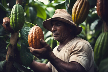 Cocoa picker, man working in jungle, holding cacao fruit in his hand. Generative AI