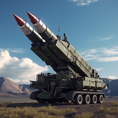 Rocket system in realistic style. Surface-to-air, missiles. Army. Military armored vehicle.