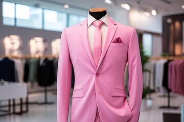 A Classic Suit in pink color in a Clothing Store.