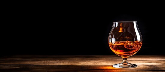 cognac on a wooden table with a glass - obrazy, fototapety, plakaty