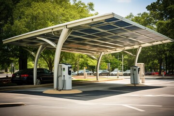 A modern solar carport for public vehicle parking is outfitted with solar panels producing renewable energy. 
