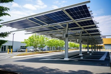 Fototapeta na wymiar A modern solar carport for public vehicle parking is outfitted with solar panels producing renewable energy. 