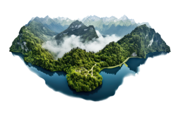 Lake surrounded mountain with cloud, a lot of greenery, rocks and cliffs. Fantasy landscaped clouds isolated on transparent background