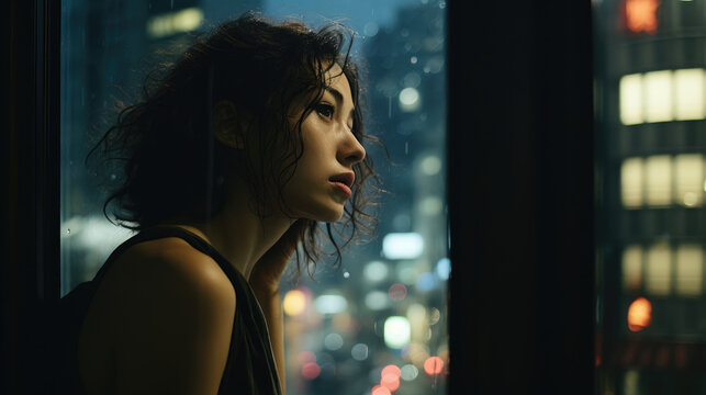 Fototapeta Asian woman standing by the window of a skyscraper taking in the view of the city in rain at dusk