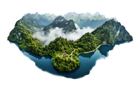 Lake surrounded mountain with cloud, a lot of greenery, rocks and cliffs. Fantasy landscaped clouds isolated on transparent background
