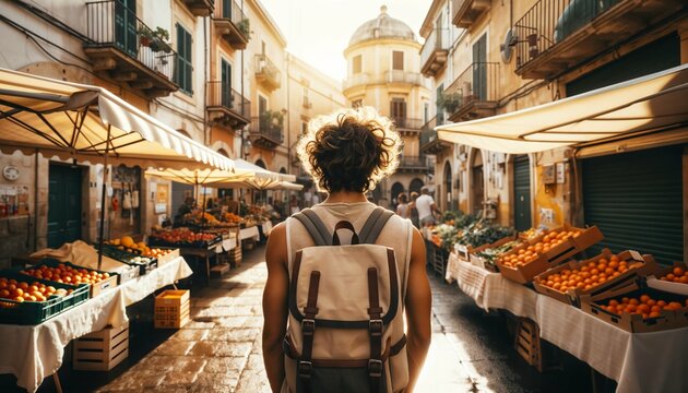 Fototapeta Young traveler man on a solo trip - Backpacking through the old town streets in Spain