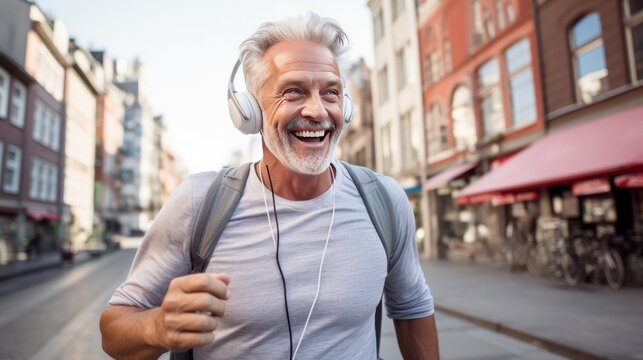 Senior white smiling young man doing a morning jog in the city wearing headphones, generative ai