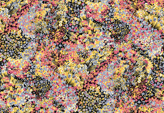 Beautiful floral pattern in small flowers. Small colorful flowers. Dark violet background. Ditsy print. Floral seamless background. Trendy template for fashion prints. Stock pattern.