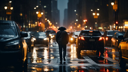 In a metropolis at night under heavy rain traffic is congested at a busy intersection observed at road level. Generative AI