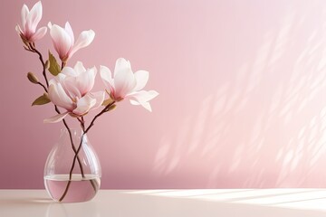Beautiful pink magnolia flower in transparent glass vase standing on white table, sunlight on pastel pink wall.