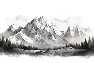 Black and white hand drawn pencil sketch of a mountain landscape. - obrazy, fototapety, plakaty