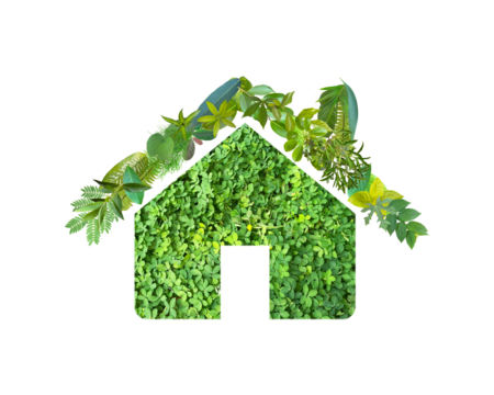 green house icon made from green grass or leaves isolated on transparent background, go green concept, PNG