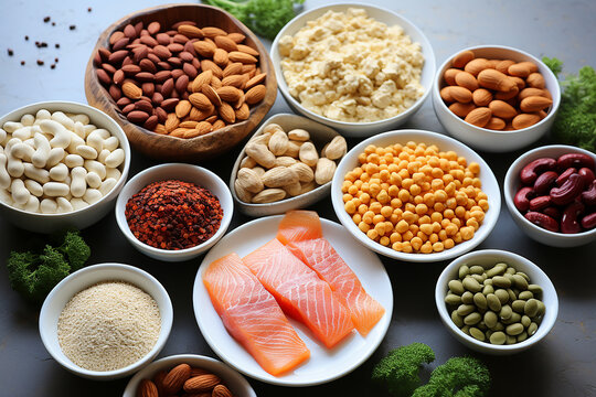 High protein foods including legumes, meat, fish, berries, bananas, nuts, seeds, grains and powdered supplements. Foods rich in fiber, antioxidants and vitamins. AI