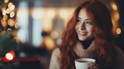 Winter portrait of a beautiful young woman with red hair. The girl is holding a cup of coffee in her hands. Christmas concept