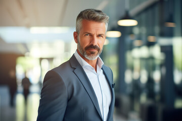 Fototapeta premium Portrait of a gray-haired American man posing in suit looking at camera with confidence over blurred background. Corporate portraits