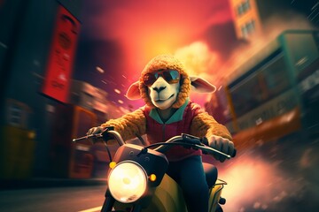 Fantasy Sheep Biker with Sunglasses Riding at Sunset.