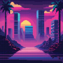 Vector pixel art of 80s Retro sci-Fi background. Synthwave, Vaporwave, Retrowave. Pixel art background with mountains. 8bit 