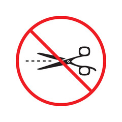 Forbidden Prohibited Warning, caution, attention, restriction label danger. Do not use Scissors vector icon. Haircutter flat sign design. No Scissors symbol pictogram UX UI