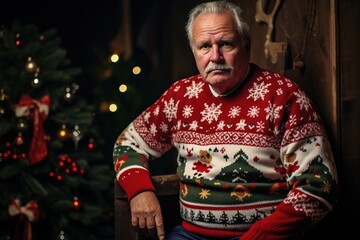 Old caucasian man in ugly Christmas sweater.