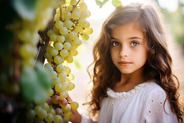 Little girl posing in vineyard looking at camera. Outdoors portrait