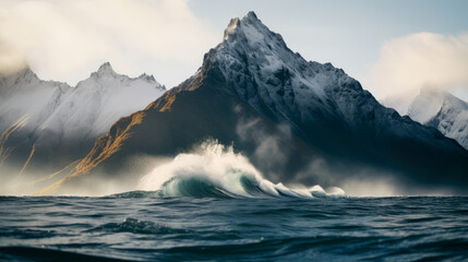 Waves crashing with a mountain in the background