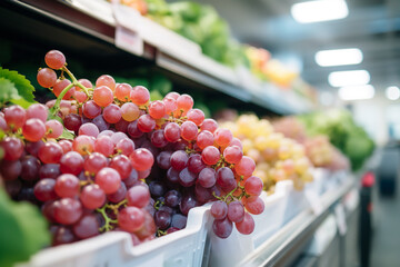 Red grapes stacked in supermarket shelves. Close up shot - obrazy, fototapety, plakaty