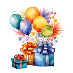 Balony i prezenty urodzinowe. Urodzinowa dekoracja na przezroczystym tle. Farba akwarelowa. - obrazy, fototapety, plakaty