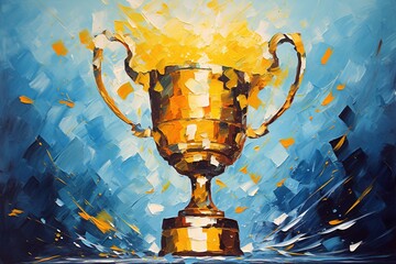 Golden trophy and streamers in sport competition with blue background.  Palette knife oil painting. - obrazy, fototapety, plakaty