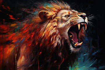 Lion roaring on black background. Palette knife oil painting.	