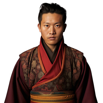 front view mid body shot of a a male Tibet from Tibet in a Chuba traditional clothing isolated on a white transparent background