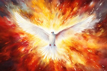 Pentecost background with flying dove and fire. Watercolor painting. - obrazy, fototapety, plakaty