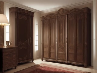 Classic Wooden Wardrobe in a Bedroom Setting.  AI generated imag