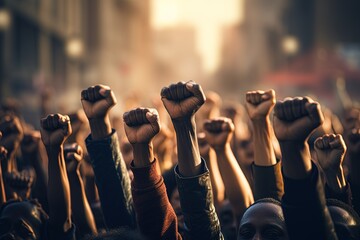 People's hands raised with clenched fists. Concept of human rights, equality. - obrazy, fototapety, plakaty