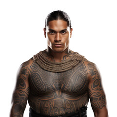 front view mid body shot of a  male Māori from New Zealand in a Kaitaka traditional clothing isolated on a white transparent background - obrazy, fototapety, plakaty