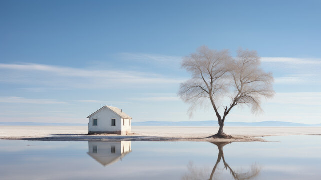 White cottage next to a lone tree at the lake