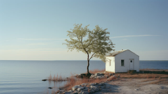 White cottage next to a lone tree at the sea