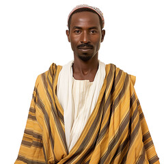 front view mid body shot of amale Nubian from Sudan in a Thobe traditional clothing  isolated on a white transparent background