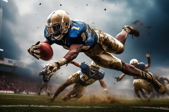 American football quarterback diving to score a touchdown.