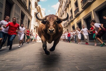 Running of bulls in Pamplona, Spain.