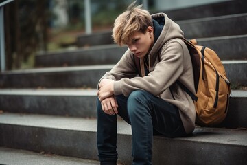 Sad, depressed teenager sitting outdoors alone. - obrazy, fototapety, plakaty