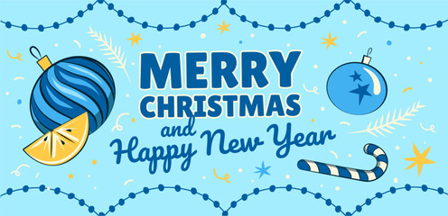 Merry Christmas and Happy New Year card  banner with typography and Modern Xmas design with in modern flat style for web, social media, print. Christmas tree, balls, stars on a blue background