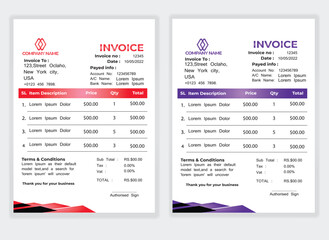 Business Minimal Corporate Invoice design template vector illustration bill form price . Creative template and stationery design payment agreement design template Cash Memo, Vector Quotation Design