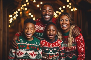 Smiling african american family in ugly Christmas sweater. - obrazy, fototapety, plakaty