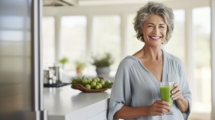 Radiant Mature Woman Enjoying a Glass of Healthy Green Juice with a Smile. Generative AI